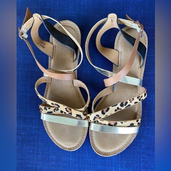 Report Cheetah Print, Gold, Brown & Black Strappy Sandals with Buckle Size 7 - Picture 1 of 2